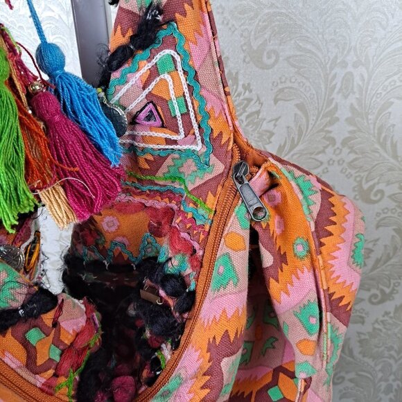 Sondra Roberts Large Orange Shoulder Tote Bag Embroidered Mirrors Coins Tassels - Picture 10 of 15